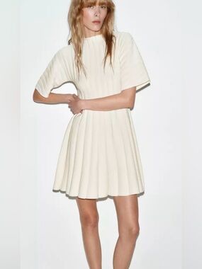 Cream Pleated Short-Sleeve A-Line Dress